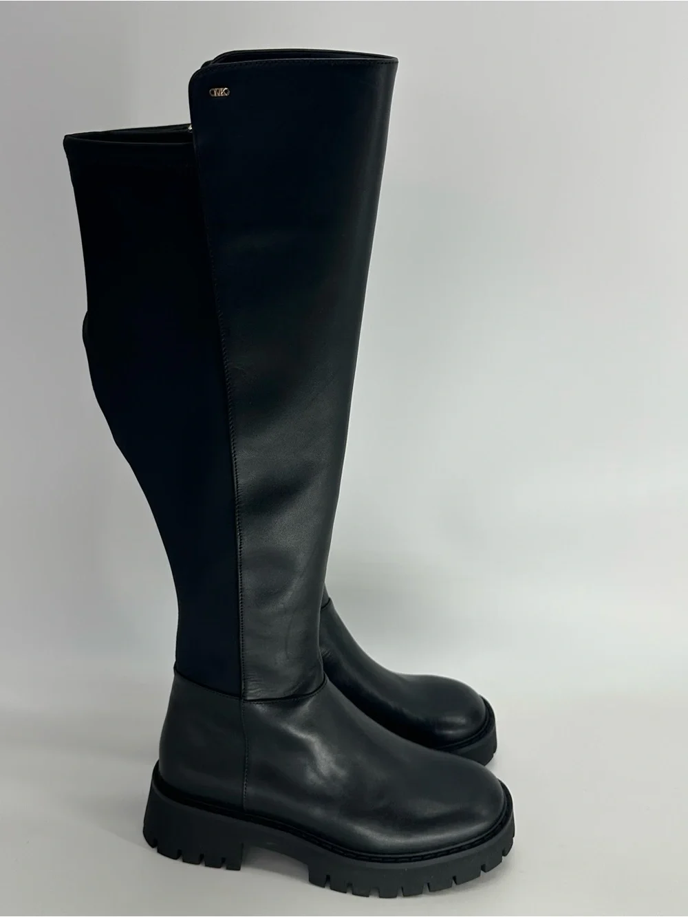 Michael Kors Black Leather Knee High Lug Sole Boots Gold Hardware